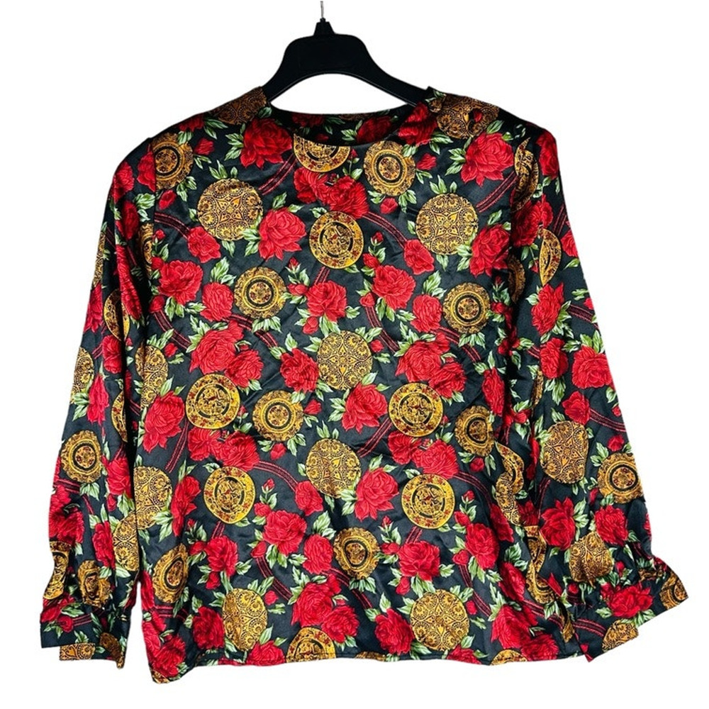 Vintage Notations Womans Sz 14‎ Plus Blouse Long Sleeve Floral Black Red